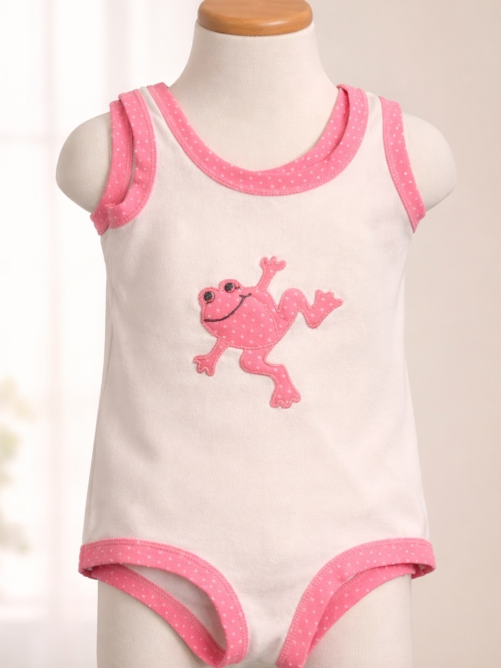 Vintage Carter's swimsuit size 24 months  One Piece w Pink Trim & Frog Applique
